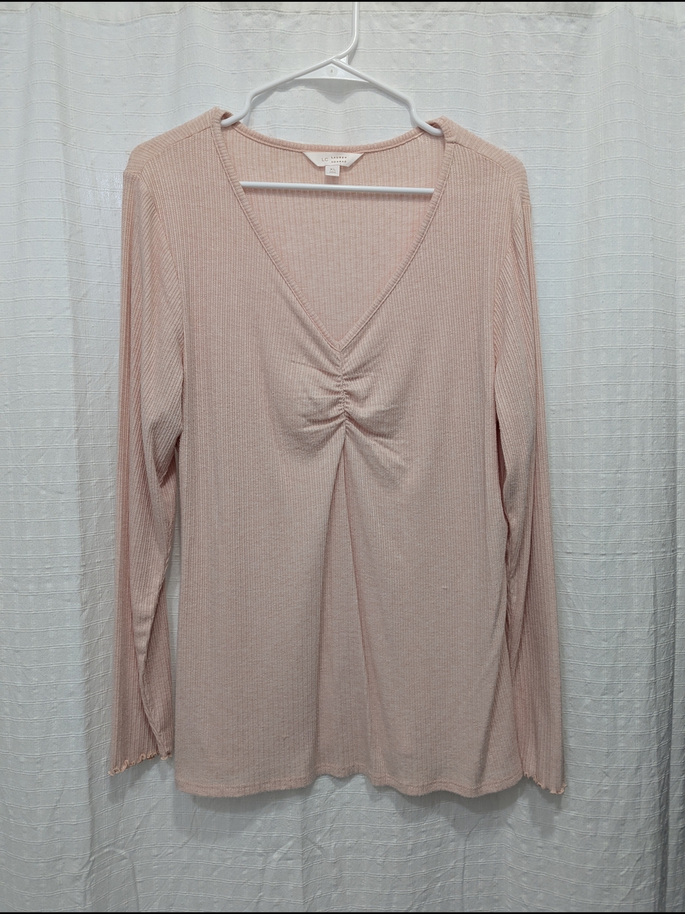 LC Lauren Conrad Blush Pink Ribbed V-Neck Long Sleeve Top